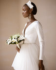 Satin Tiered Long Sleeve Tulle Bridal Dress