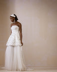 A Strapless Floral Appliqué, High-Low Tulle Wedding Dress