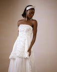 A Strapless Floral Appliqué, High-Low Tulle Wedding Dress