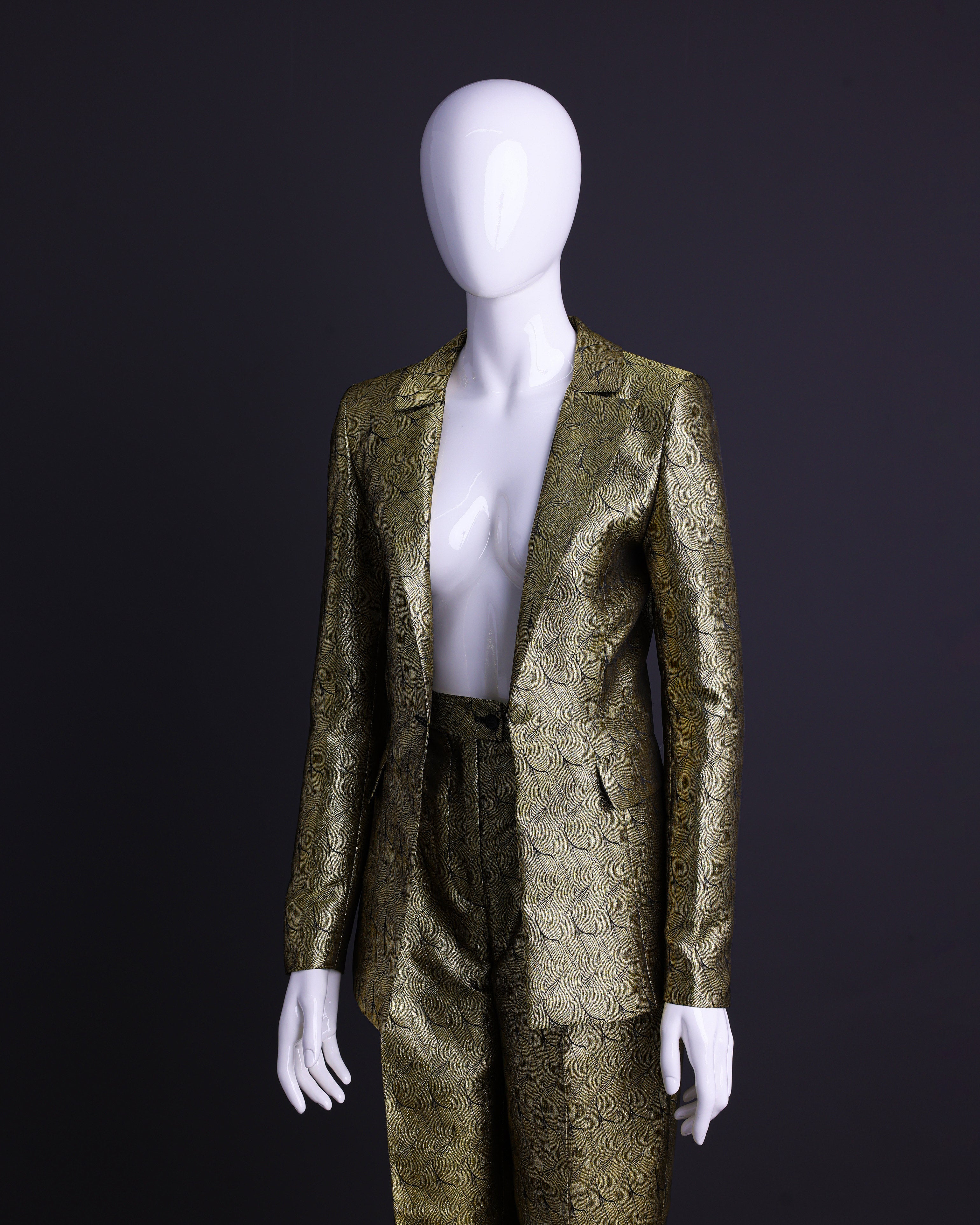 Traje de jacquard metalizado Sprial Gold con solapa de muesca extendida y pantalón pallazo