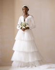 Satin Tiered Long Sleeve Tulle Bridal Dress