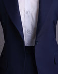 A Navy Blue, dotted pattern, nobility wool blend, business wide notch lapel suit & skirt pant.